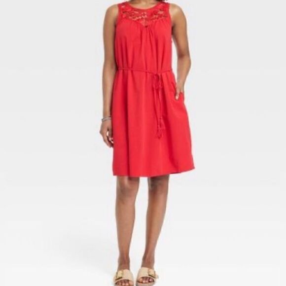 Knox Rose Women's Wide Strap Sleeveless A-Line Dress Red Lace NWT XS - Picture 1 of 11